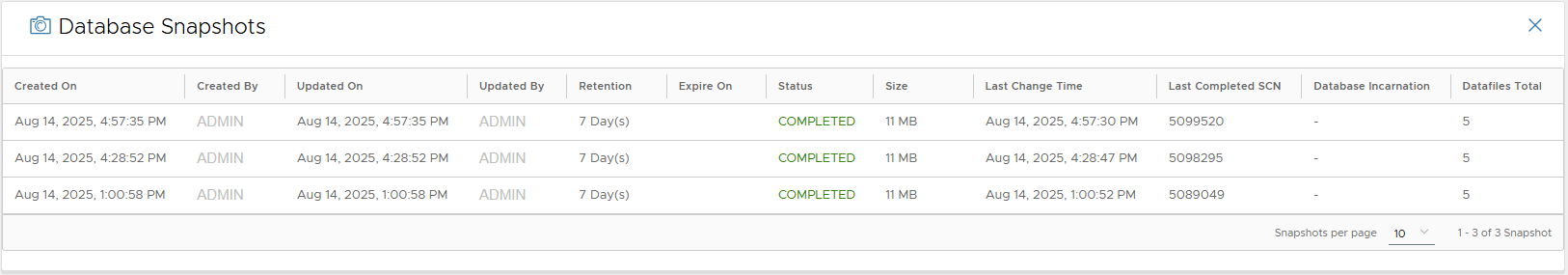 Snapshots detail list
